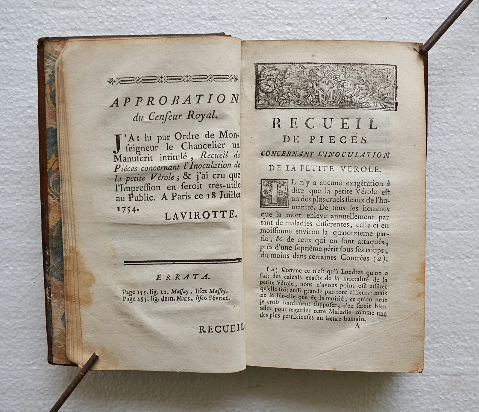 Recueil de pièces concernant l’inoculation de la petite vérole, & propres à en prouver la sécurité & l’utilité (1/11) — [MONTUCLA (Jean-Étienne) & MORISOT-DESLANDES (Pierre-Joseph)], 1756 — Medecine